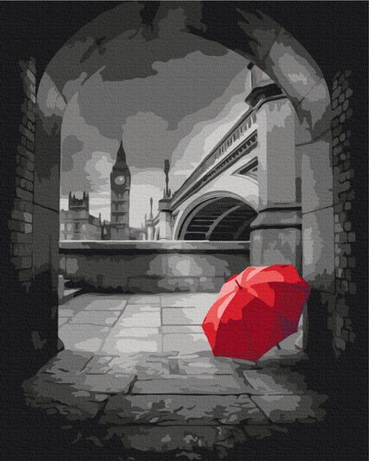 Red umbrella under Big Ben