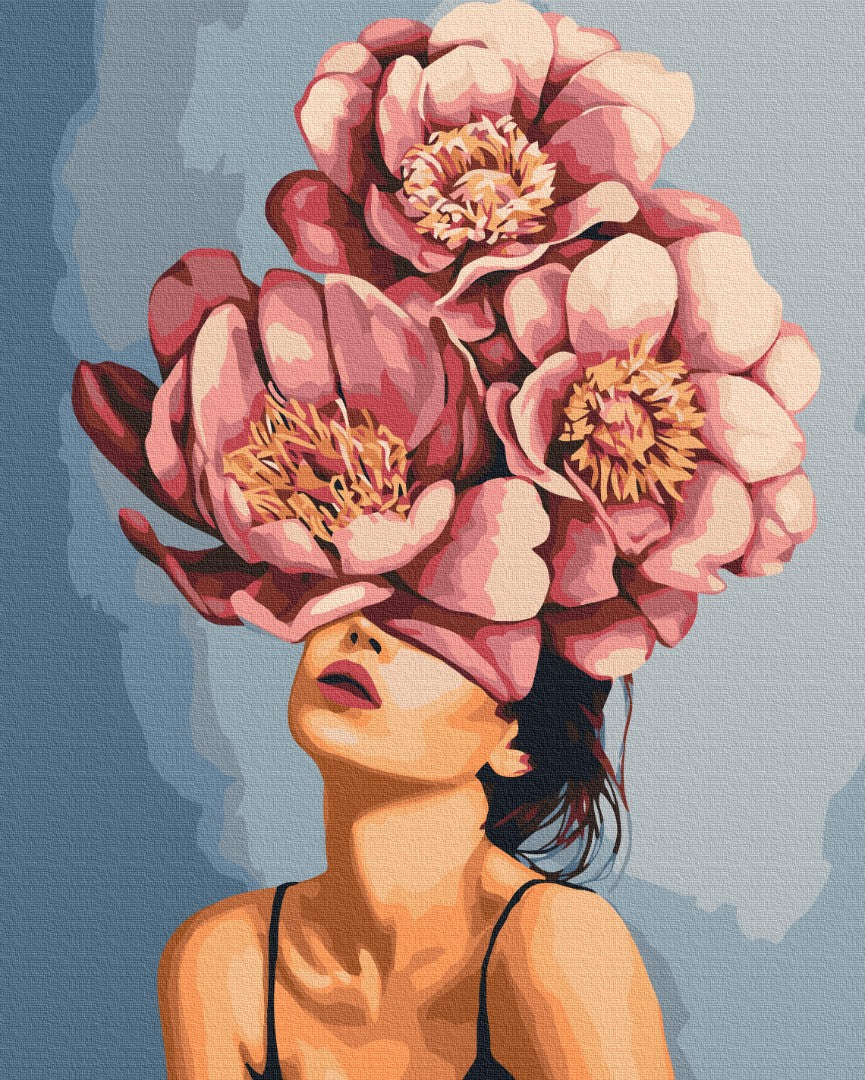 Girl in blooming peonies