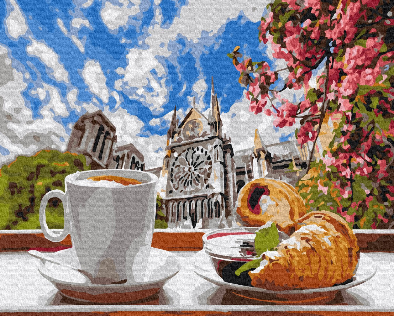 Coffee with croissant on the background of the cathedral